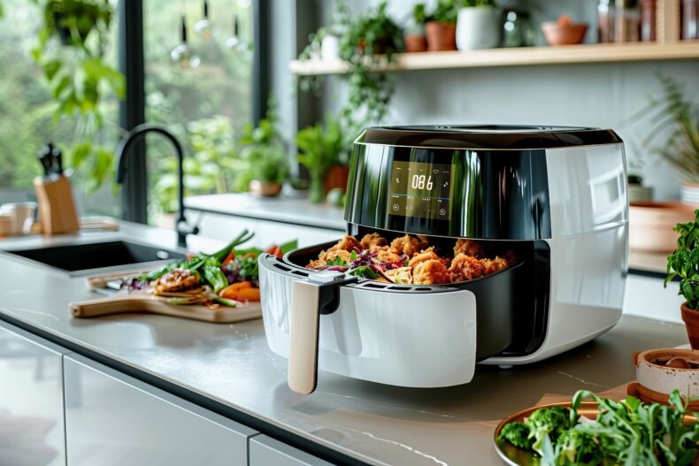 Photorealistic still life of an air fryer with crispy fried chicken and coleslaw, placed on a sleek kitchen counter. The background is a modern, well-lit kitchen with aesthetic touches, capturing every detail with maximum quality and clarity –ar 3:2 –style raw –personalize exnatwy –stylize 1000 Job ID: 2e68cbf1-4a1d-4da9-9a63-2a60cf650878